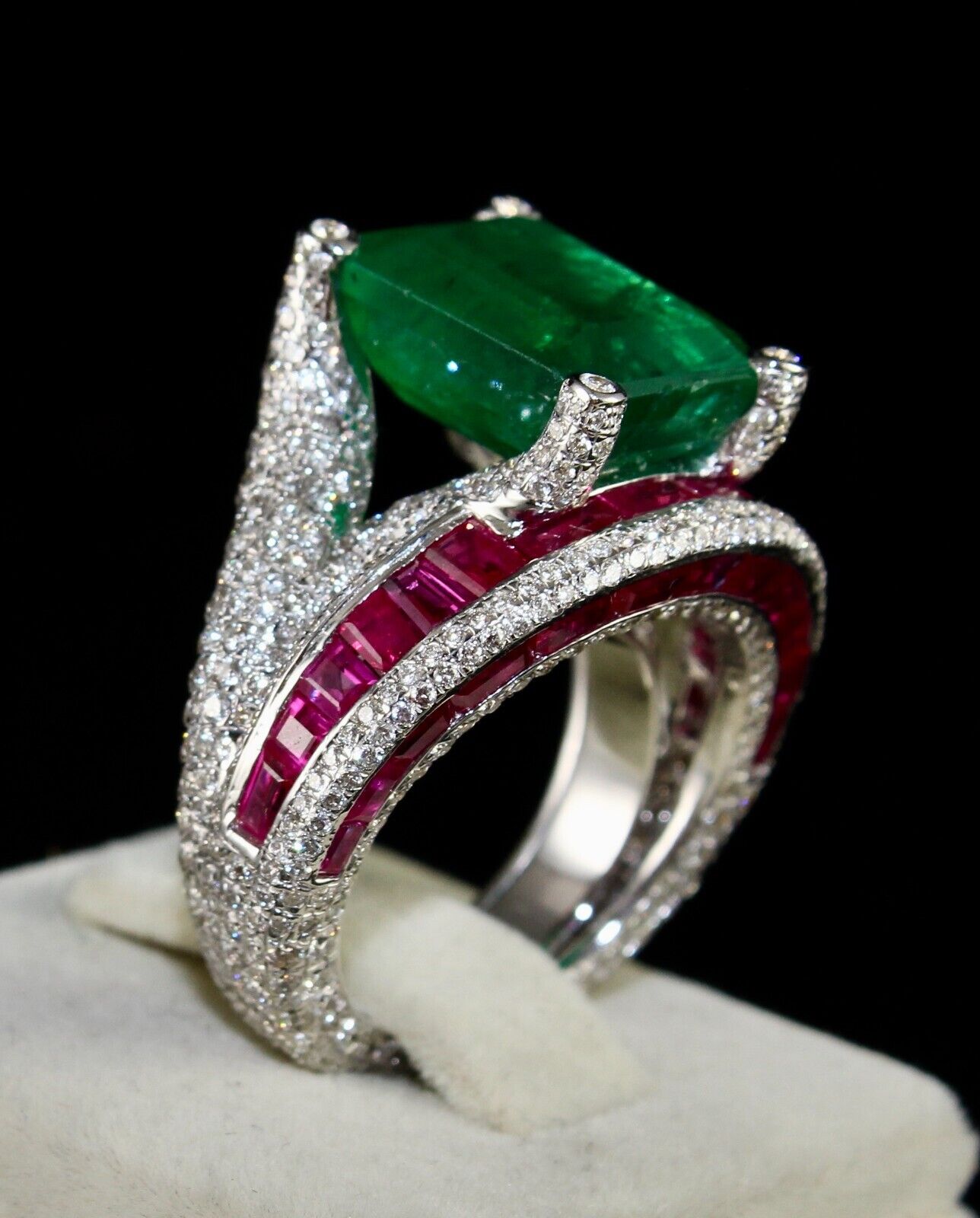 Zambia Emerald Octagon Ruby Cut Diamond Cocktail Ring, 18K Gold Statement Ring