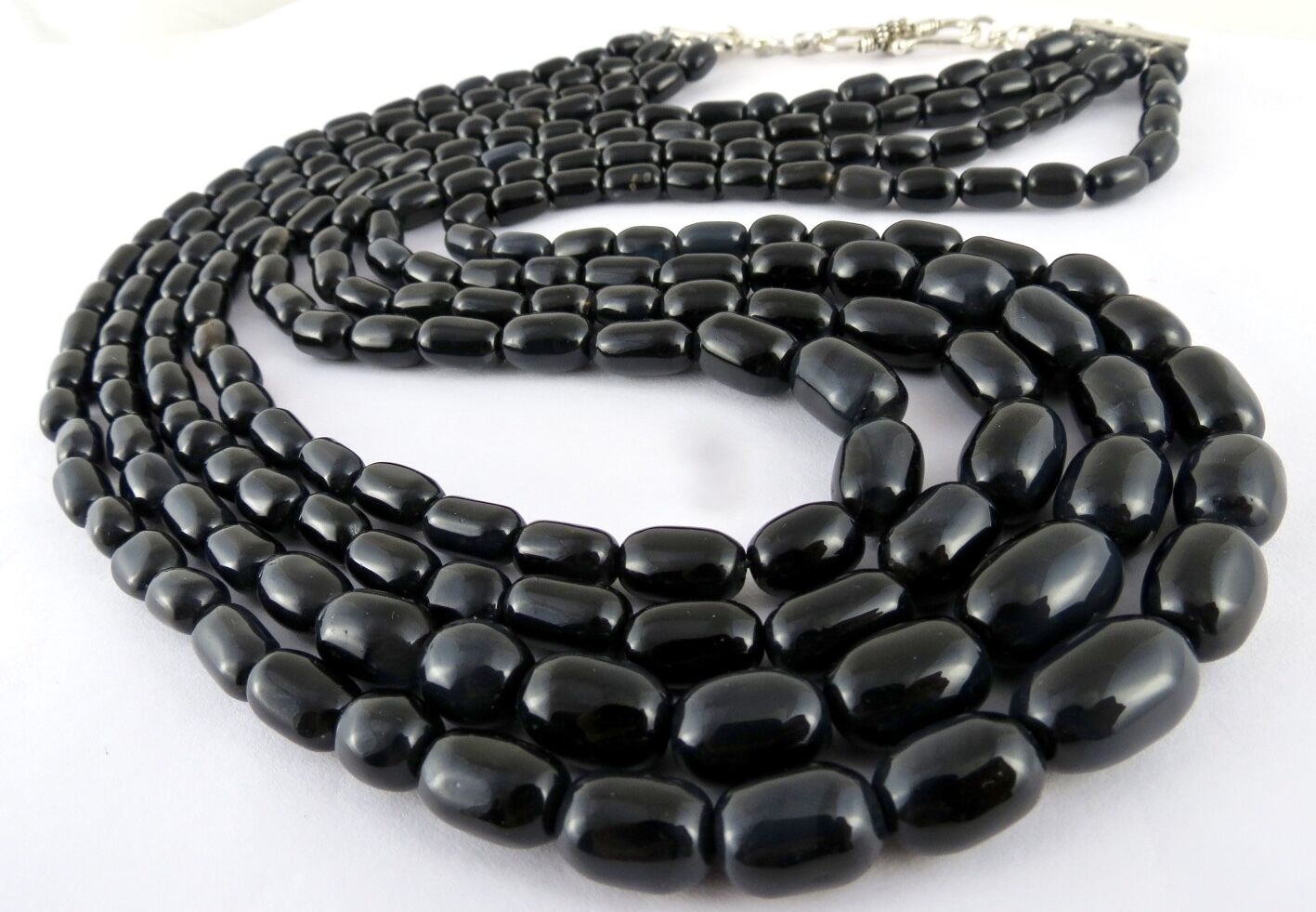 Black Onyx Long Tube Beaded 4 Line 830 Ct Gemstone Silver Fashion Necklace