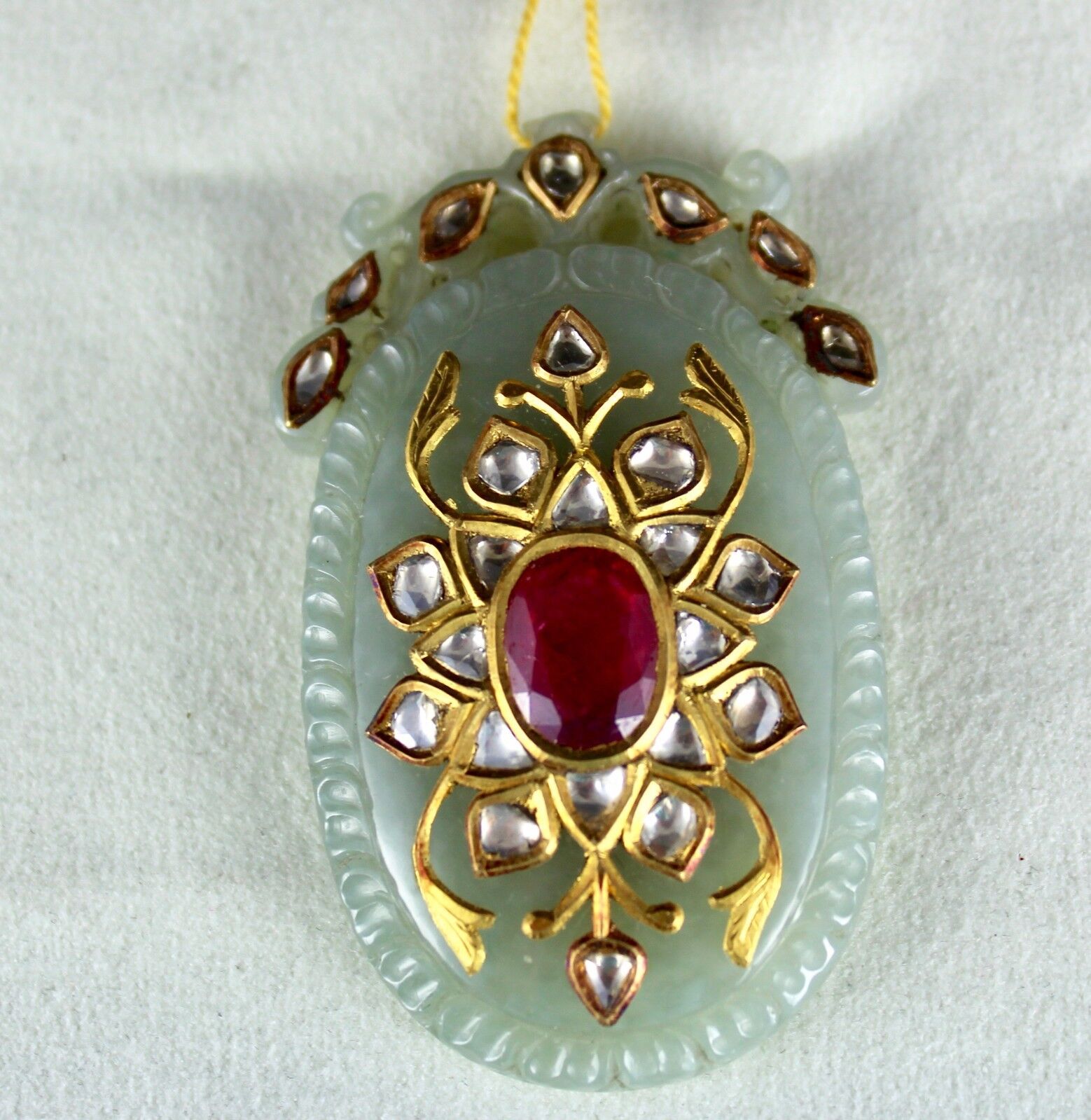 ANTIQUE GREEN JADE TAKTI PENDANT STUDDED WITH DIAMOND & RUBY IN 22K YELLOW GOLD