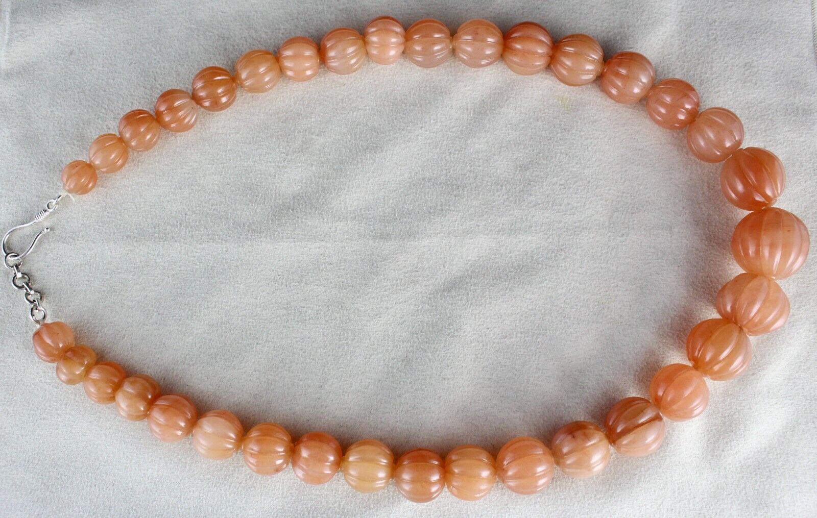 Natural Orange Quartz Carved Melon Beaded Necklace 1072 Carat Stone Silver Clasp