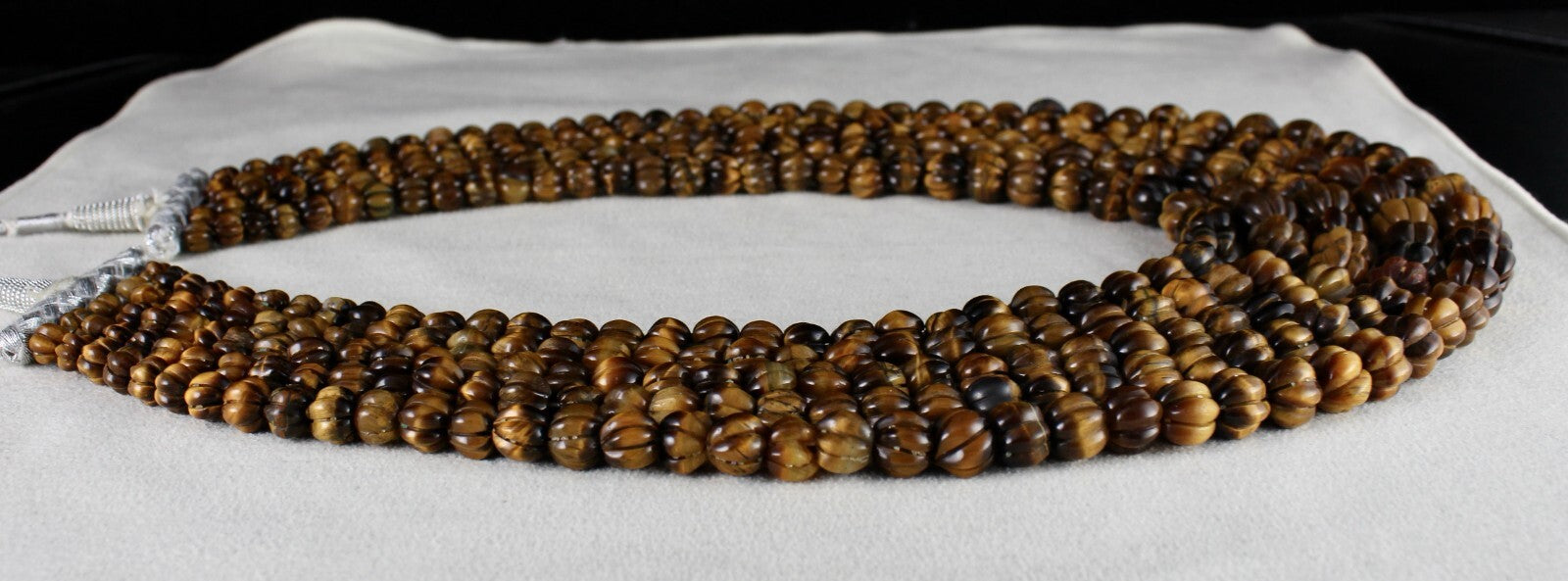 Natural Tiger Eye 1214 Cts Carved Beads 5 Line Gemstone Antique Necklace