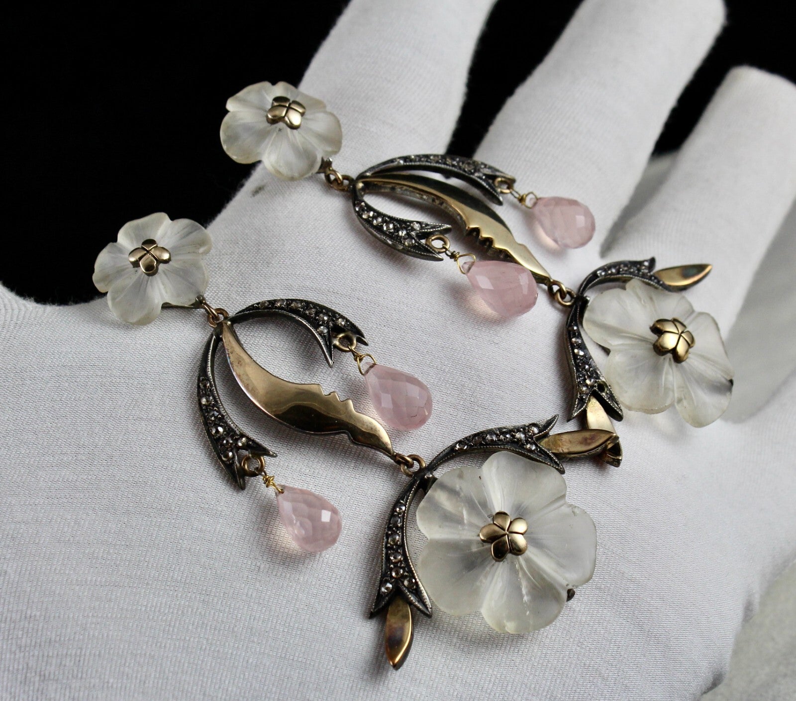 Natural Crystal & Rose Quartz 162.5ct Diamond 18k Gold Sterling Silver Earring