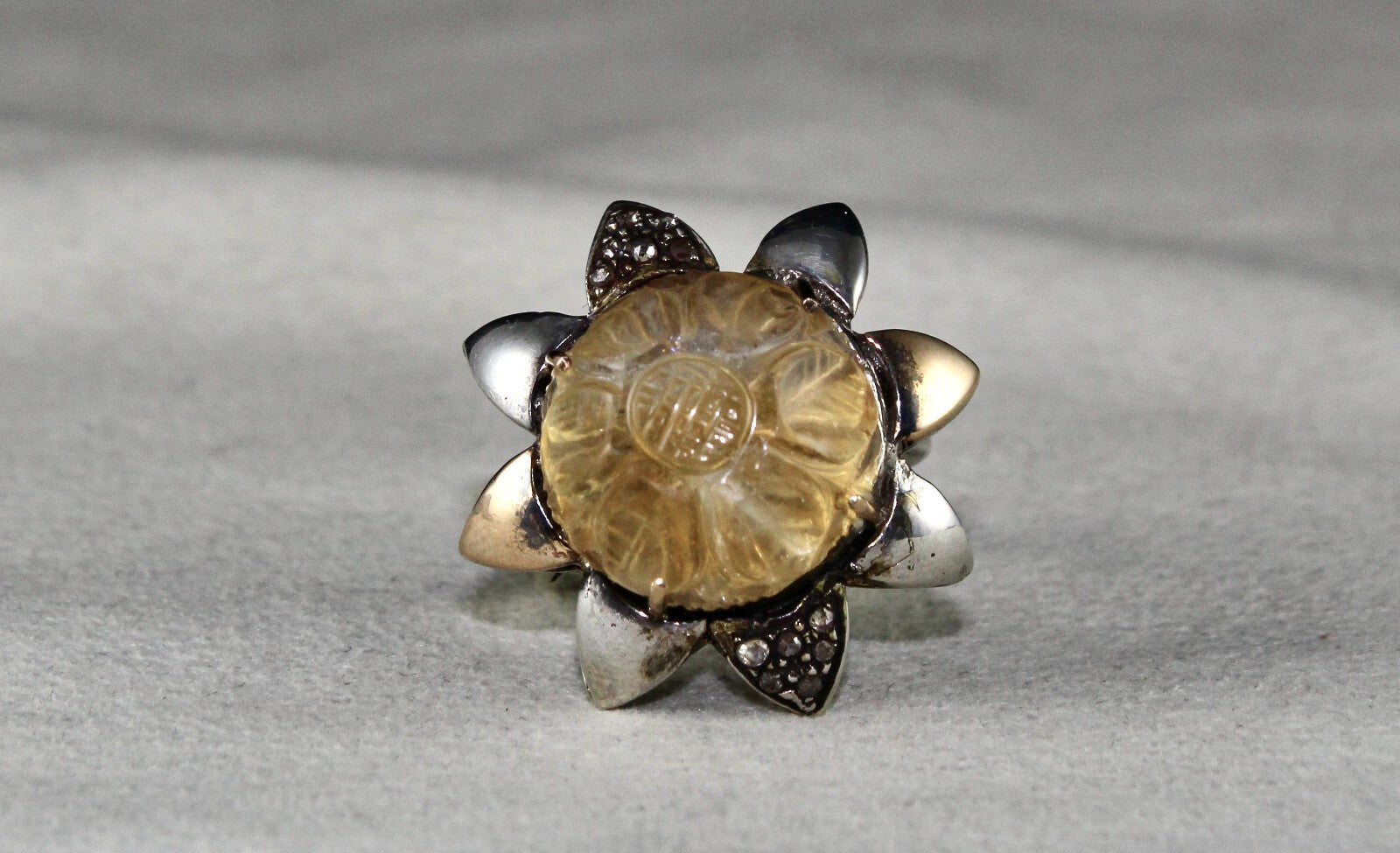 Antique Yellow Citrine 68ct Natural Diamond 18k Gold 925 Sterling Silver Ring