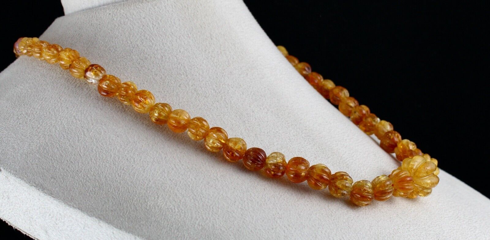 Natural Citrine Carved Beaded Necklace 390 Carats Round Gemstone Silver Clasp