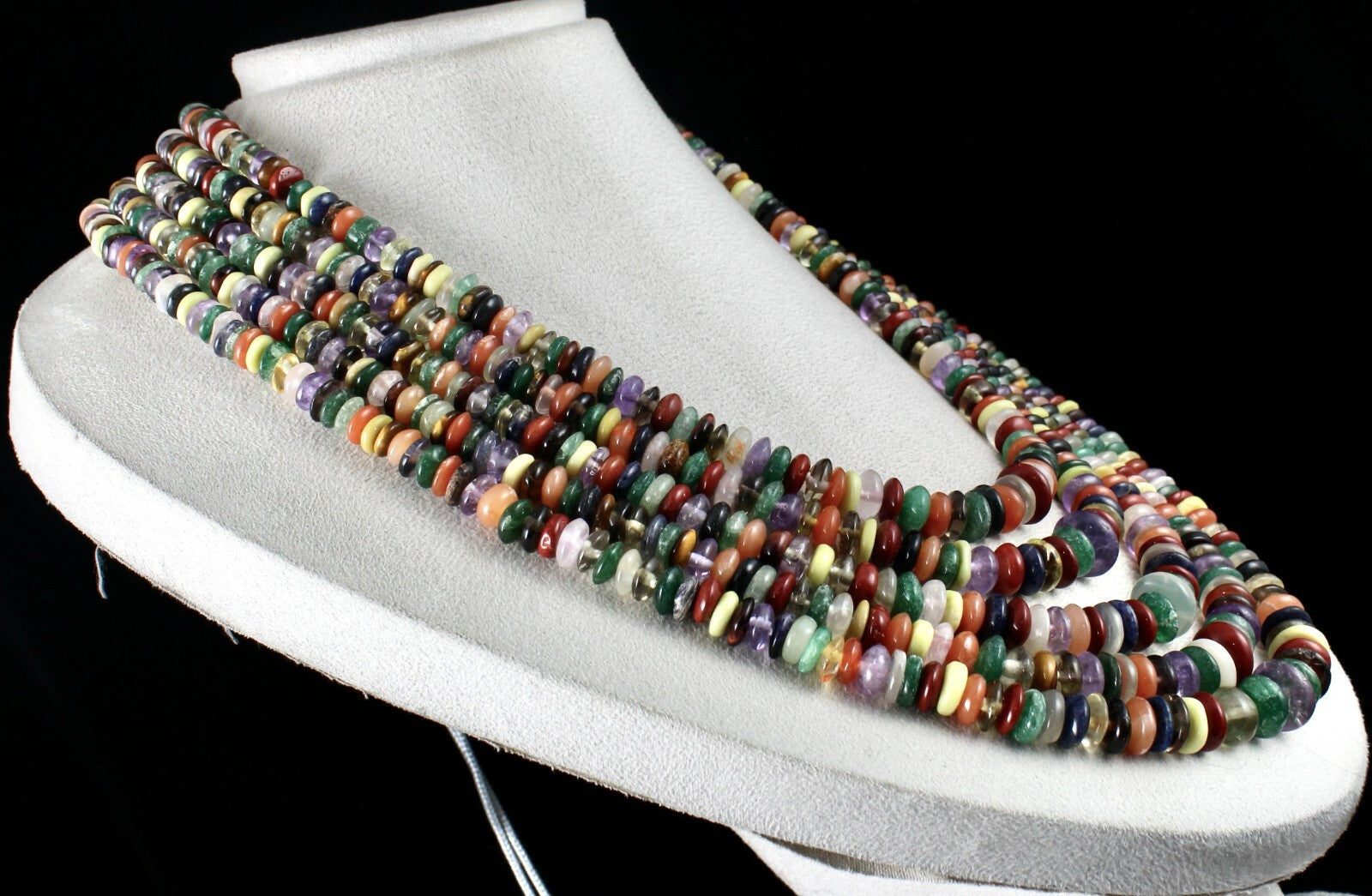 Old Natural Multi Semi Precious Beads 1897 Ct Gemstone Button Necklace 5 Line