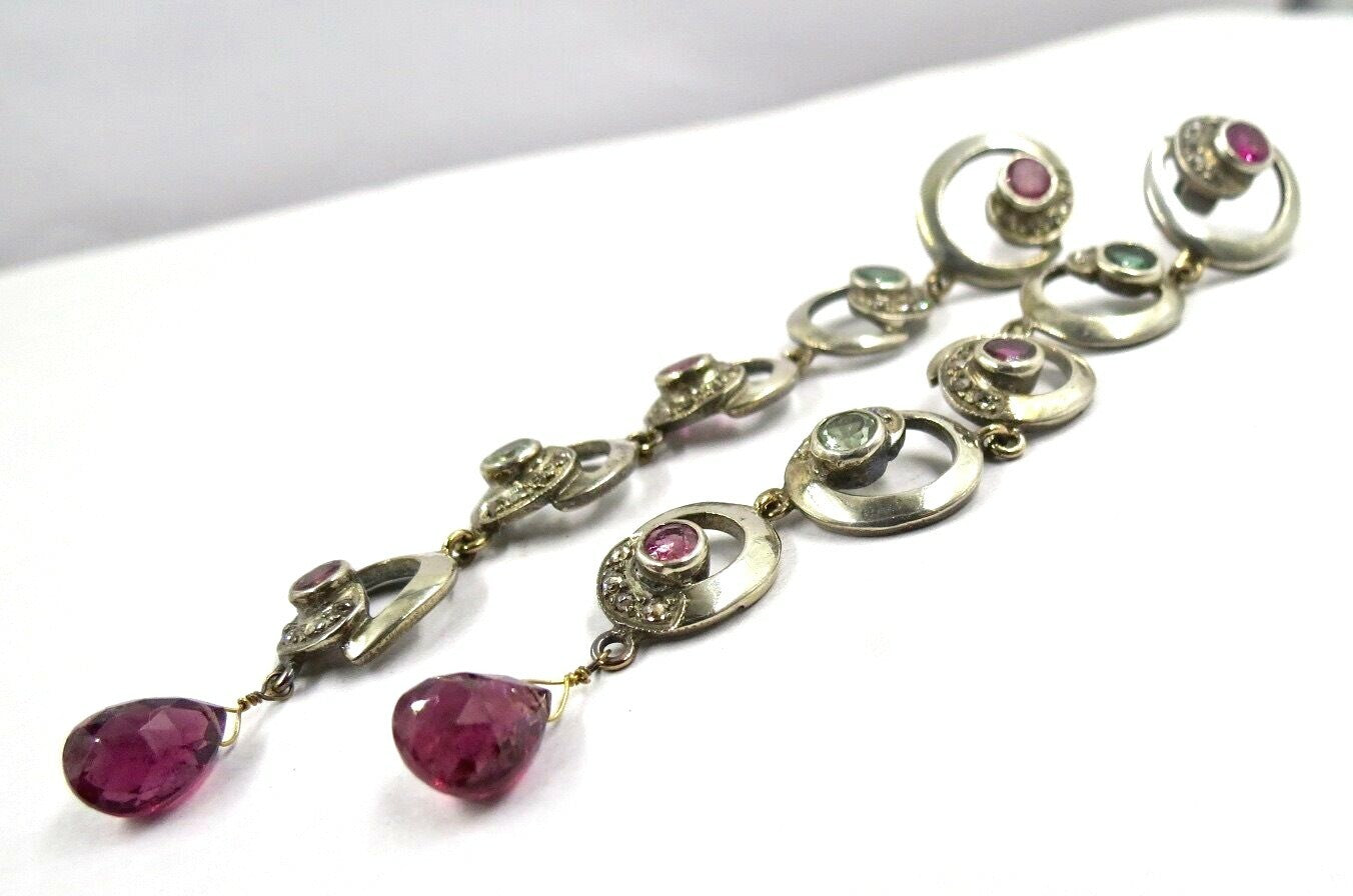 Victorian Multi Colour Tourmaline 10ct Natural Diamond Sterling Silver Earrings