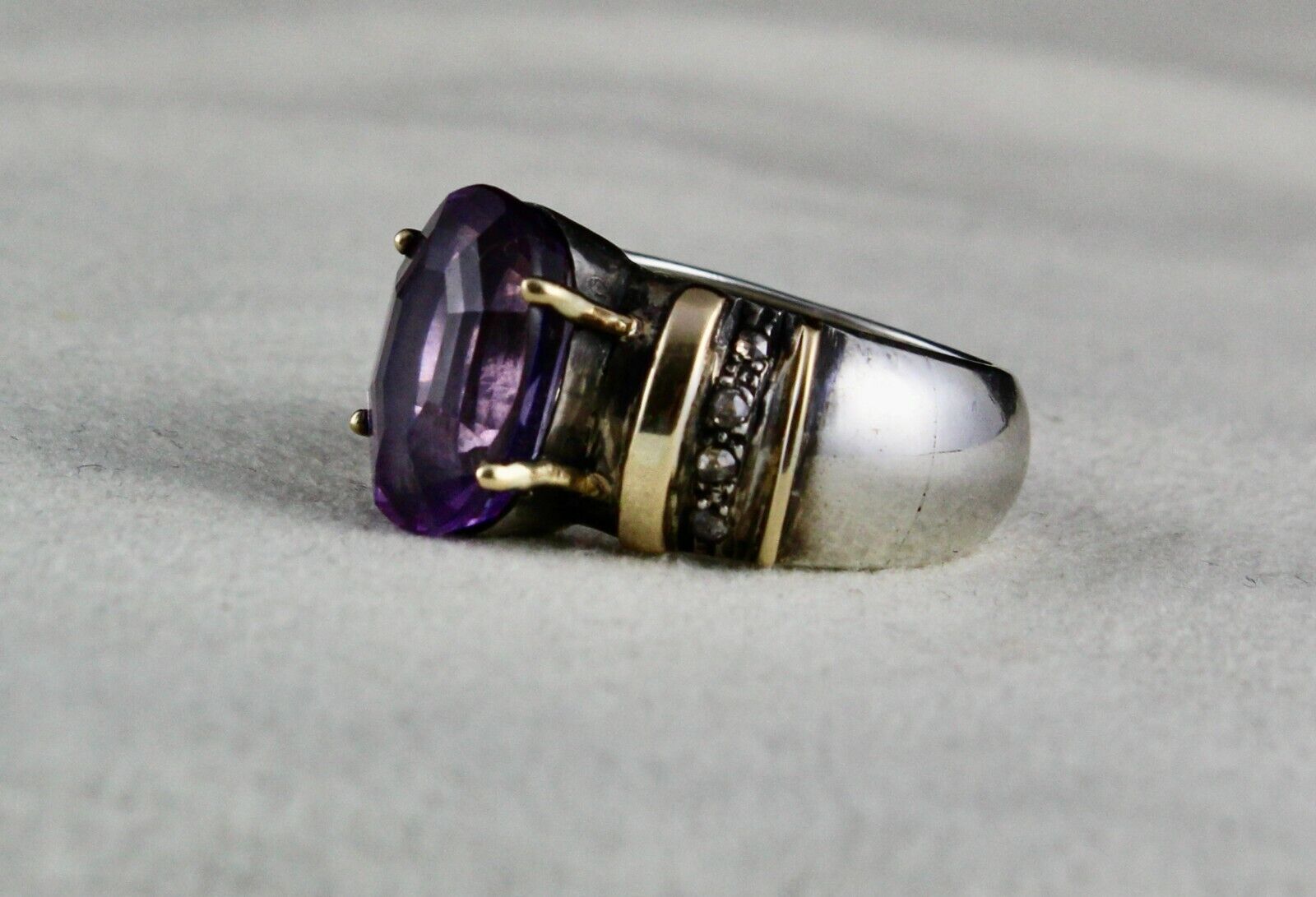 ANTIQUE NATURAL AMETHYST OVAL 18K GOLD DIAMOND SILVER VICTORIAN FINE UNISEX RING