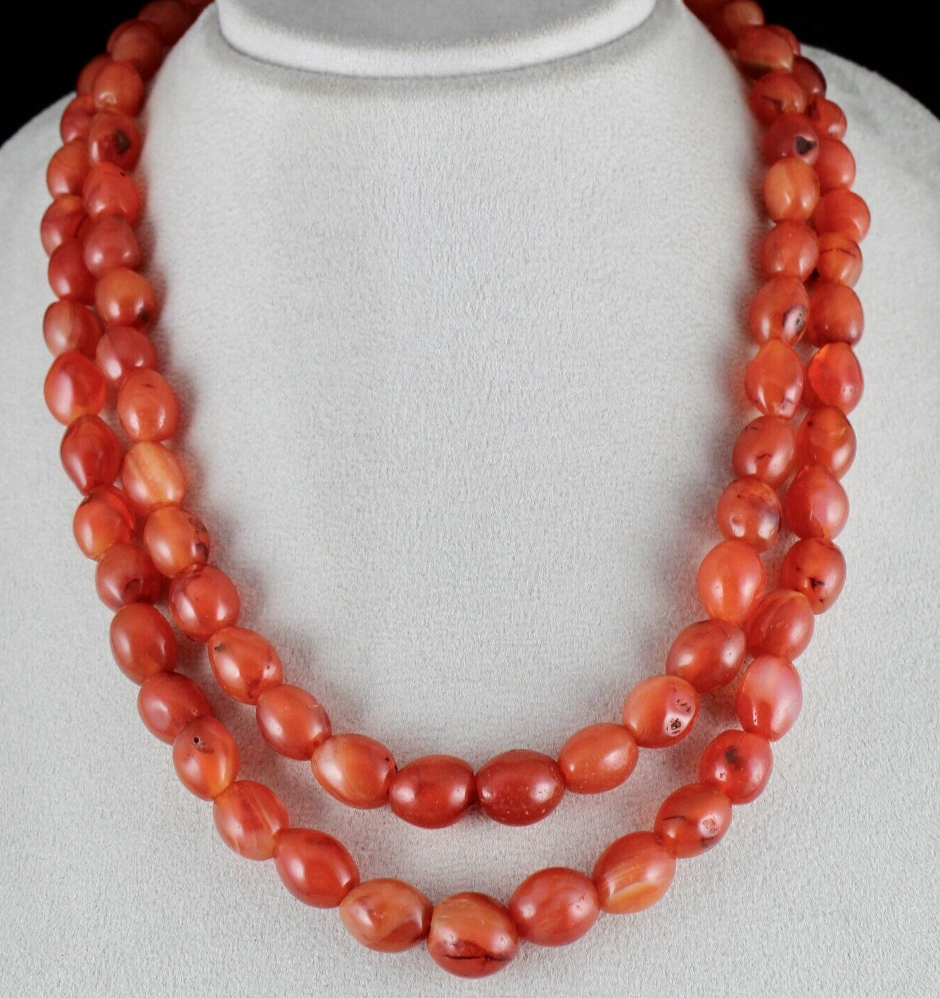 RED NATURAL CARNELIAN BEADS LONG 2 LINE 836 CARATS GEMSTONE FASHION NECKLACE