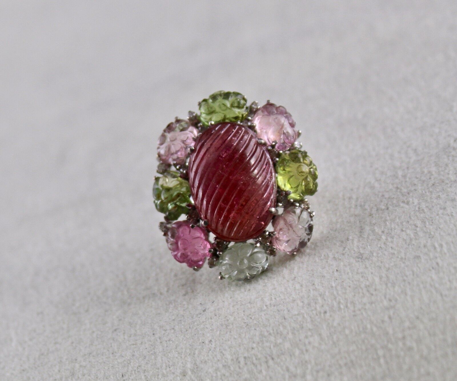 Exclusive Natural Multi Tourmaline Carved Gemstone Diamond Silver Statement Ring