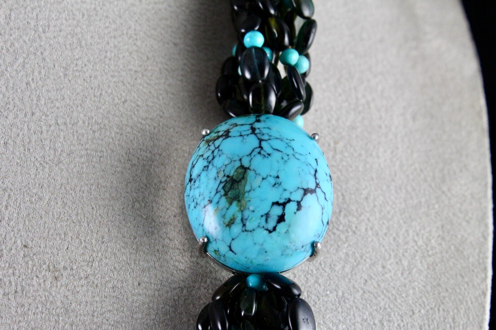 FINE NATURAL BLACK TOURMALINE TURQUOISE BEADED DESIGNER GEMSTONE SILVER NECKLACE