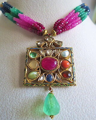 22K GOLD JADAU PENDANT STUDDED PRECIOUS GEM COLOMBIAN EMERALD WITH RAINBOW BEADS