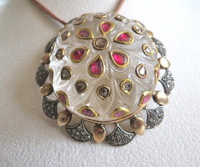 Certified Antique Natural Rock Crystal Jadau Rubies 10ct Sterling Silver Pendant