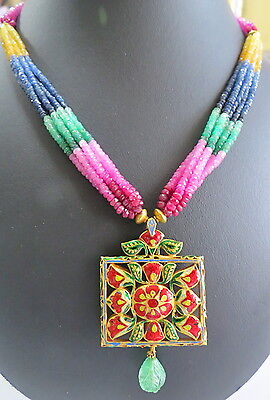 22K GOLD JADAU PENDANT STUDDED PRECIOUS GEM COLOMBIAN EMERALD WITH RAINBOW BEADS