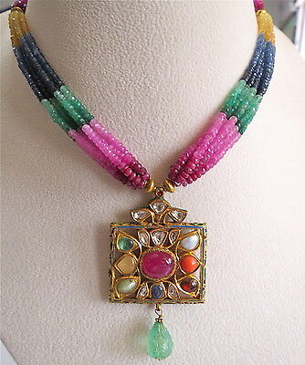 22K GOLD JADAU PENDANT STUDDED PRECIOUS GEM COLOMBIAN EMERALD WITH RAINBOW BEADS