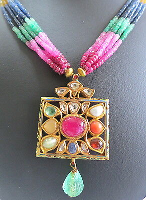 22K GOLD JADAU PENDANT STUDDED PRECIOUS GEM COLOMBIAN EMERALD WITH RAINBOW BEADS