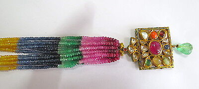 22K GOLD JADAU PENDANT STUDDED PRECIOUS GEM COLOMBIAN EMERALD WITH RAINBOW BEADS