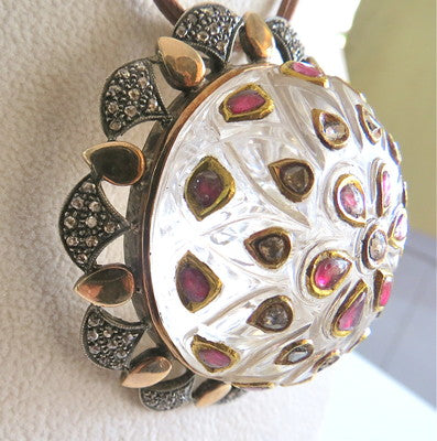 Certified Antique Natural Rock Crystal Jadau Rubies 10ct Sterling Silver Pendant